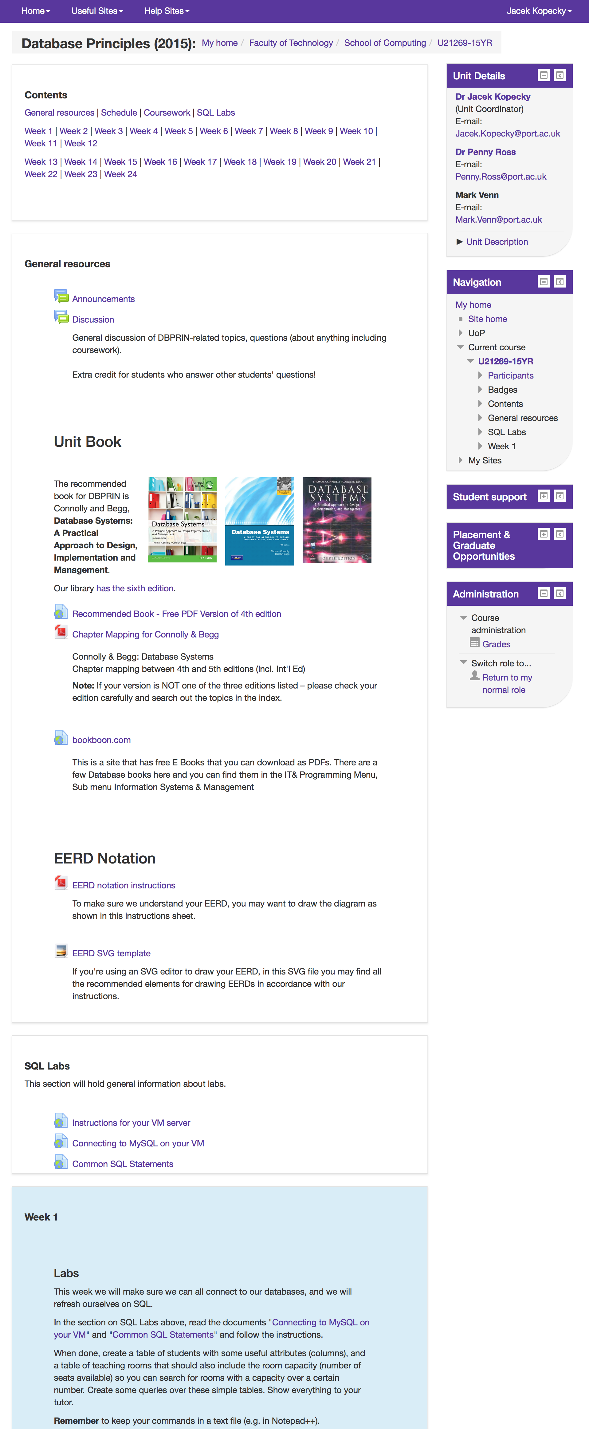 Screen shot of the DBPRIN Moodle site